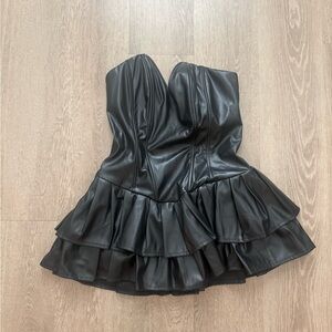 Black Faux Leather Strapless Ruffle Mini Dress